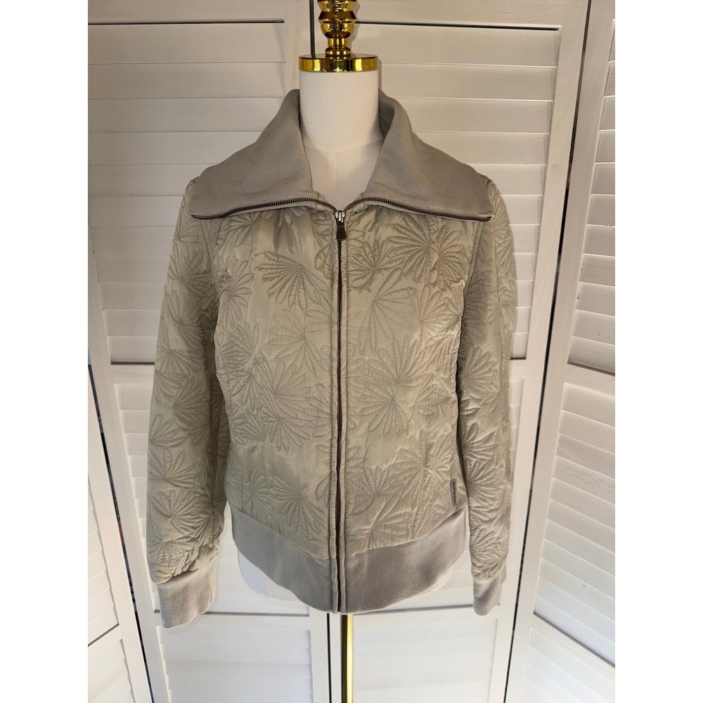 Calvin Klein Jeans Quilted Bomber Jacket Women Large Beige Floral Zip Up Size L - Picture 2 of 8